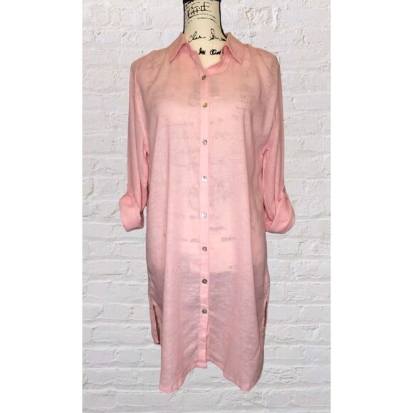 Tahari Linen Tunic Shirt Dress MED Pink Roll Tab Sleeve Lagenlook MOP Buttons - Picture 4 of 8